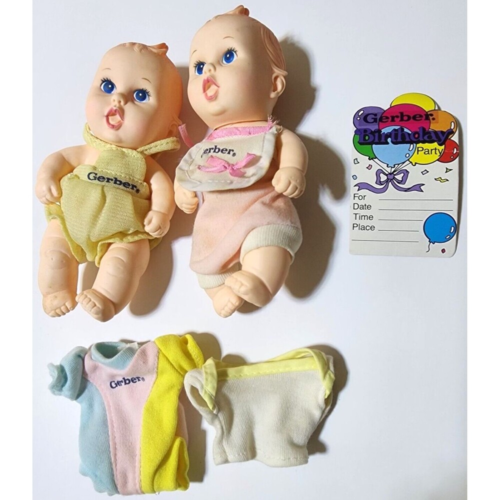 GERBER 6" Baby Dolls (2) soft vinyl with original clothes and Box 1989 Birthday